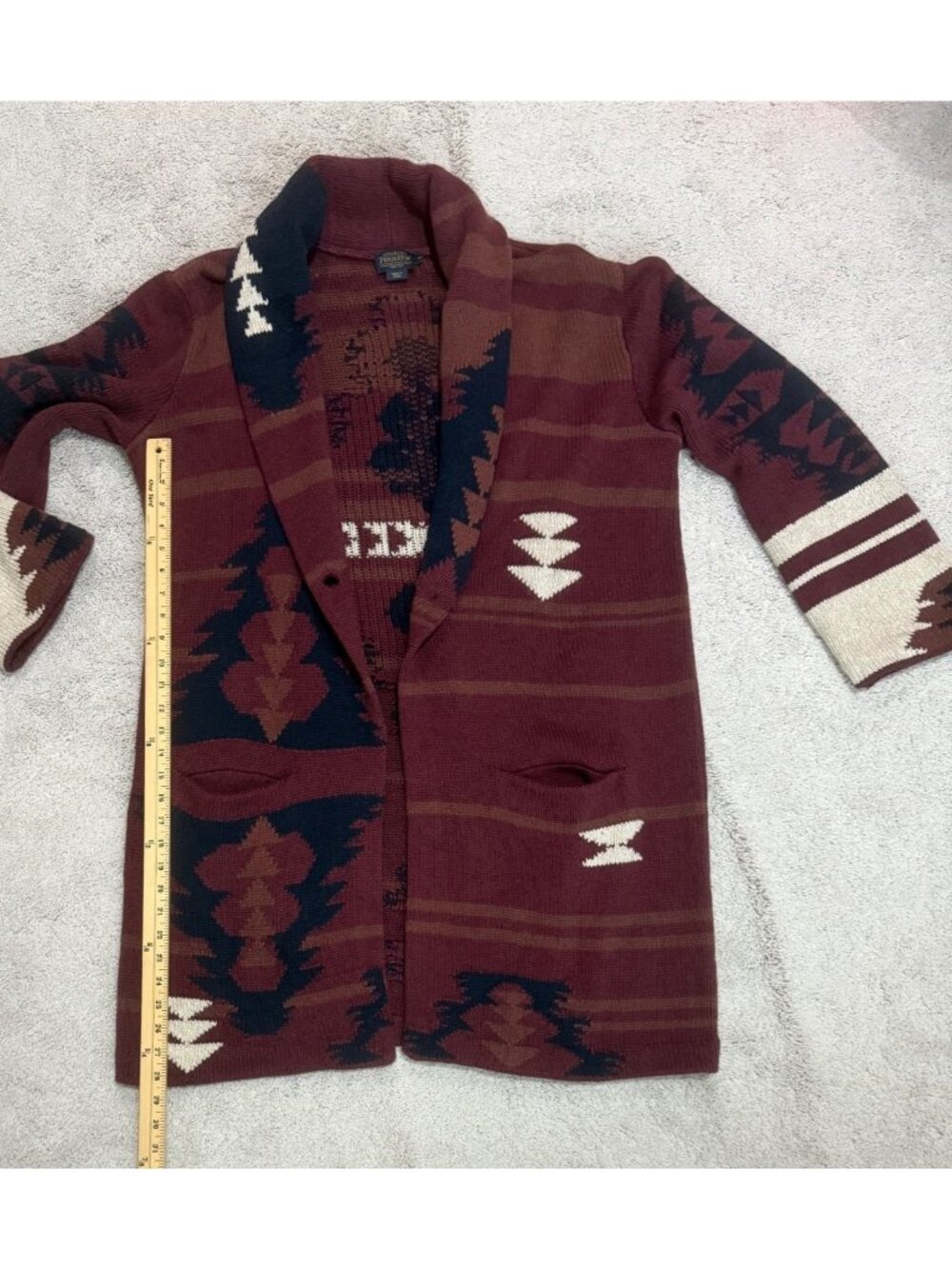 PENDLETON Cardigan Women's Size XL Graphic SweaterCoat Maroon Aztec Wool Cotton - Picture 11 of 13